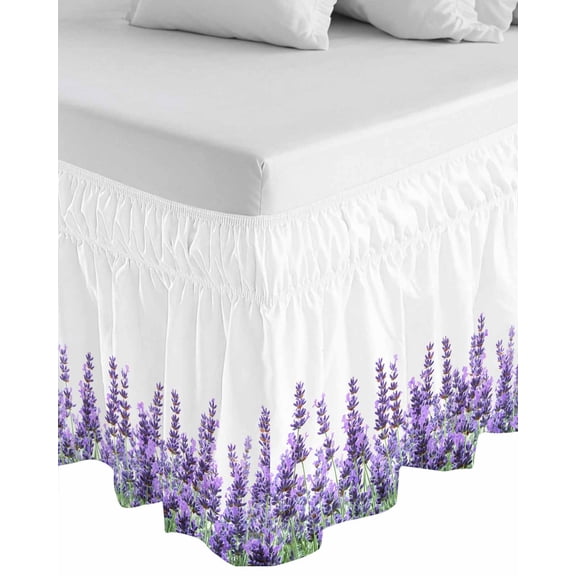Spring Lavender Wrap Around Bed Skirts for California King Bed 16" Drop,Bed Skirt with Adjustable Elastic Belt Dust Ruffle Bed Valance Purple Botanical Garden Florals Flower Bed Frame Cover