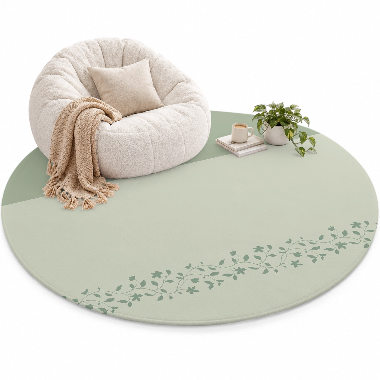Spring Leaf Area Rug 6', Simple Spring Sage Green Leaf Branch Plant ...