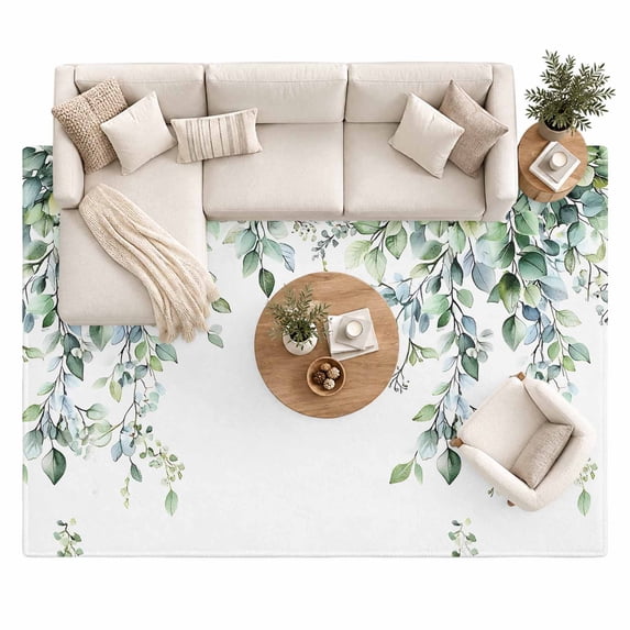 Spring Leaf Area Rug 8'x10', Watercolor Green Eucalyptus Leaves Large ...