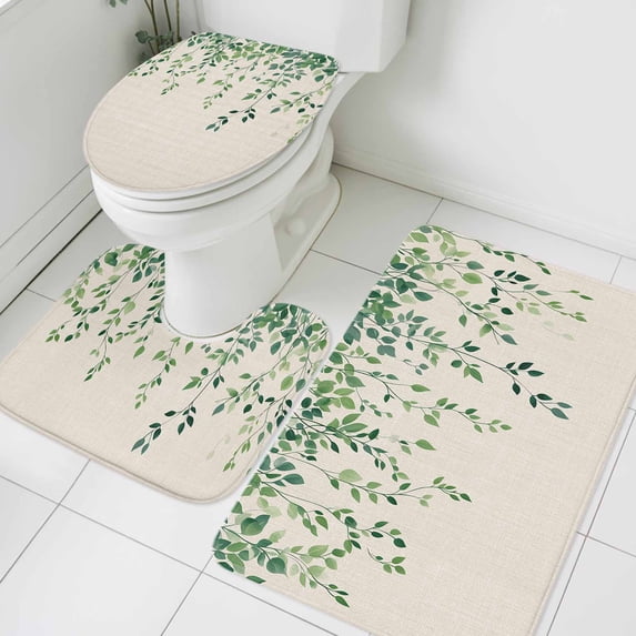 Spring Leaf Bathroom Rugs Set Retro Watercolor Green Eucalyptus Leaves Rustic Linen Texture Non Slip Absorbent Bath Mats 3 Piece Set, U-Shaped Floor Mat, Toilet Seat Cover Small Size