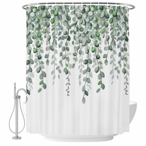 Spring Leaf Bathroom Shower Curtains with Hooks, Country Watercolor Green Eucalyptus Leaves Flora Plant Waterproof Fabric Washable Shower Curtain for Home Hotel Bathtub Decor 36x72 Inch