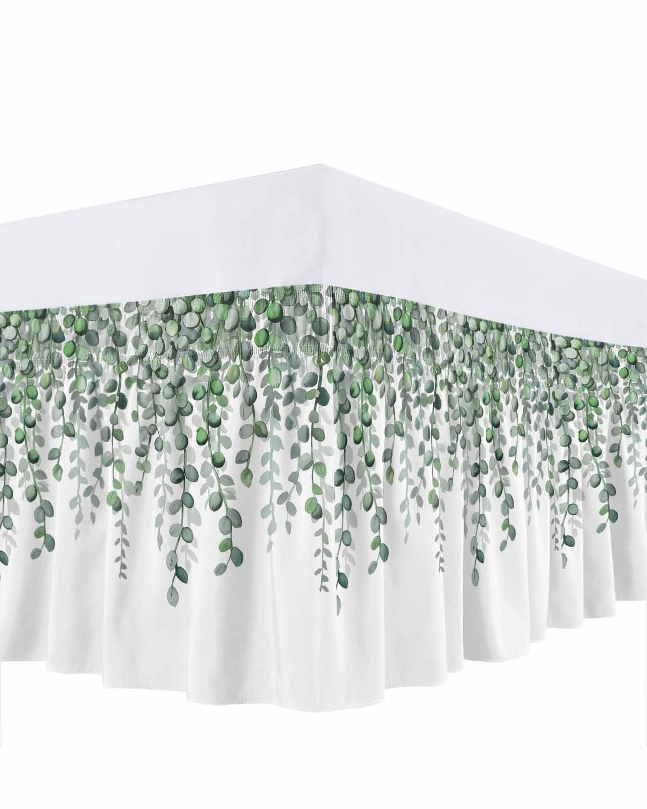 Spring Leaf Bed Skirt King Size 16 Inch Drop, Country Watercolor Green Eucalyptus Leaves Flora Plant Adjustable Elastic Dust Ruffles Bedskirt for King Bed Wrap Around Pleated Mattress Frame Cover