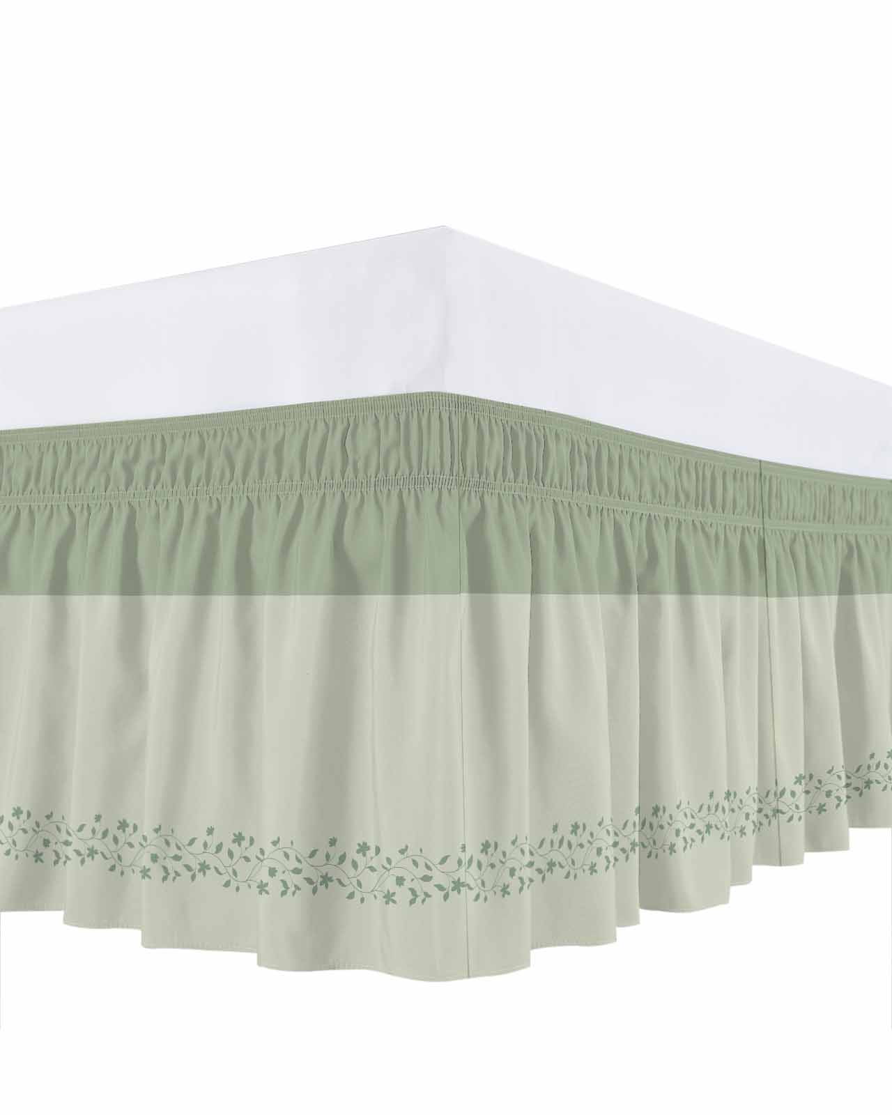 Spring Leaf Bed Skirt Queen Size 18 Inch Drop, Spring Sage Green Leaf Branch Plant Green Background Adjustable Elastic Dust Ruffles Bedskirt for Queen Bed Wrap Around Pleated Mattress Frame Cover