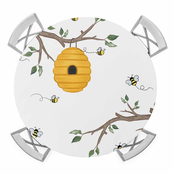 Spring Leaf Branch Elastic Fitted Round Table Cover Leaves Waterproof Outdoor Tablecloth for Holiday Party, Picnic, Patio & Dining Fits Tables Up to 36"-44"