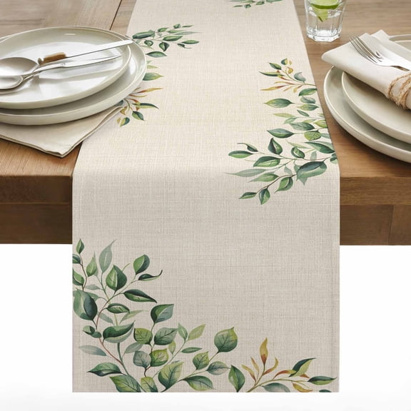 Spring Leaf Cotton Linen Table Runner Summer Floral Countryside Linen Dining Table Runners for Home Decor Party Dining Room Restaurant Kitchen 13" x 36"