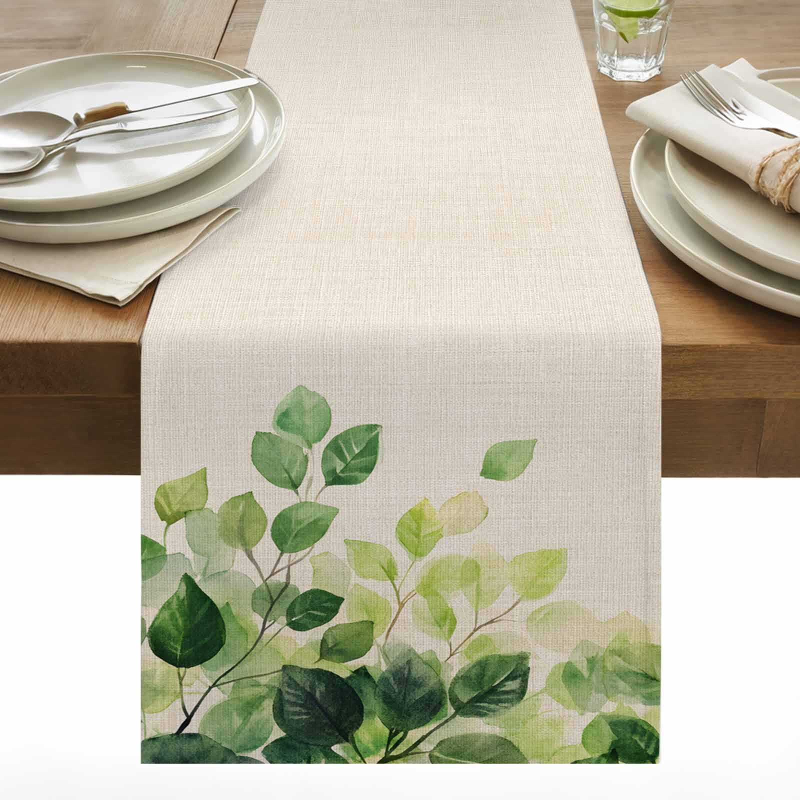 Spring Leaf Cotton Linen Table Runner Vintage Sage Green Eucalyptus Leaves Country Linen Texture Dining Table Runners for Home Decor Party Dining Room Restaurant Kitchen 13" x 108"
