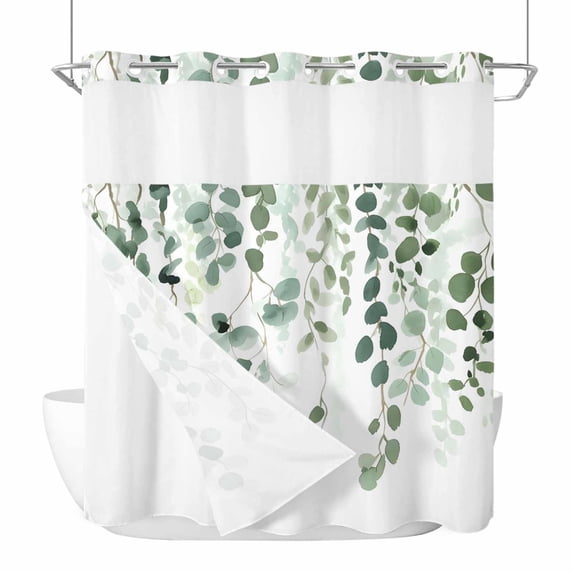 Spring Leaf No Hook Shower Curtain with Snap in Liner Watercolor Country Green Eucalyptus Leaves Plants Waterproof Bathroom Shower Curtain with See Through Top Window for Bathtub 72" x 72"