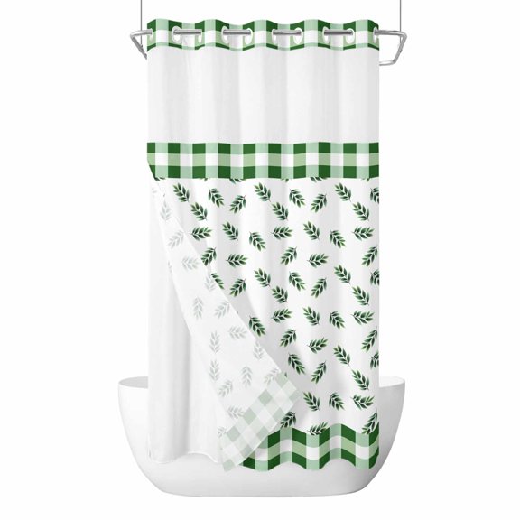 Spring Leaf No Hooks Shower Curtain with Snap-in Liner Summer Country Green Leaves Plant Green Plaid Shower Curtains for Bathroom, Waterproof, Easy Install, Washable 36"x72"
