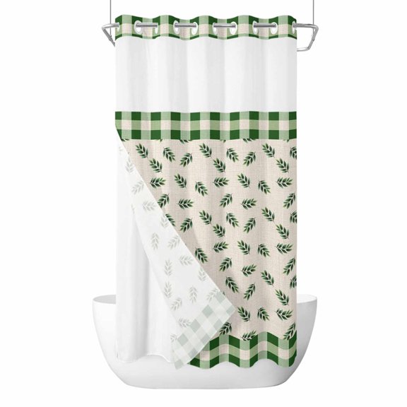 Spring Leaf No Hooks Shower Curtain with Snap-in Liner Summer Country Green Leaves Plant Linen Texture Green Plaid Shower Curtains for Bathroom, Waterproof, Easy Install, Washable 36"x78"