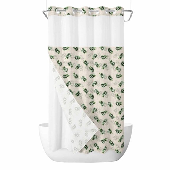 Spring Leaf No Hooks Shower Curtain with Snap-in Liner Summer Country Green Leaves Plant Linen Texture Shower Curtains for Bathroom, Waterproof, Easy Install, Washable 36"x78"