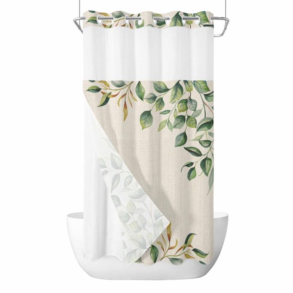 Spring Leaf No Hooks Shower Curtain with Snap-in Liner Summer Floral Countryside Linen Shower Curtains for Bathroom, Waterproof, Easy Install, Washable 36"x72"