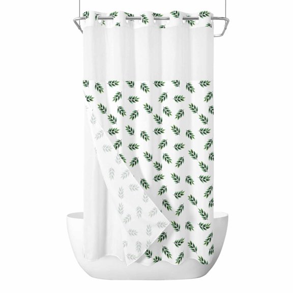 Spring Leaf No Hooks Shower Curtain with Snap-in Liner Watercolor Summer Country Green Leaves Plant Shower Curtains for Bathroom, Waterproof, Easy Install, Washable 36"x72"