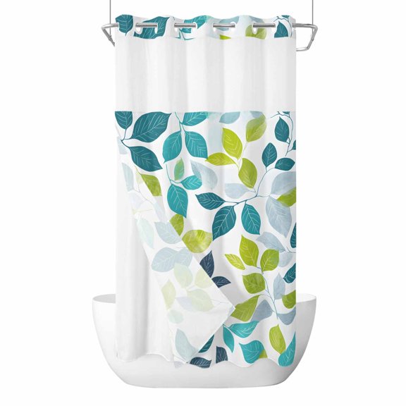 Spring Leaf No Hooks Shower Curtain with Snap-in Liner Watercolor Vintage Green Blue Gray Leave Plant Shower Curtains for Bathroom, Waterproof, Easy Install, Washable 36"x72"