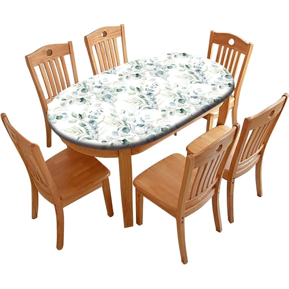 Spring Leaf Oval Elastic Fitted Tablecloth, Floral Sage Green Leaves Elastic Edged Polyester Wipeable Table Cloths, Indoor Holiday Family Banquet and Outdoor Patio Use, Fits for 42" x 60" Oval Table