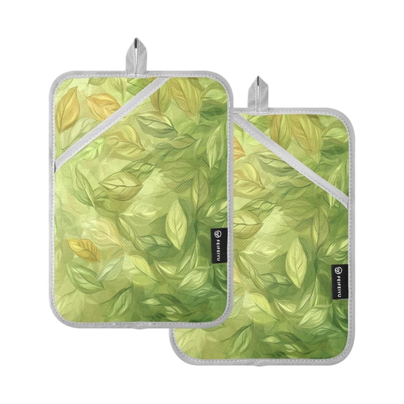 Spring Leaf Pattern Set of 2 Heat-Resistant Quilted Pads, Silver Polyester, 7" x 9.8"