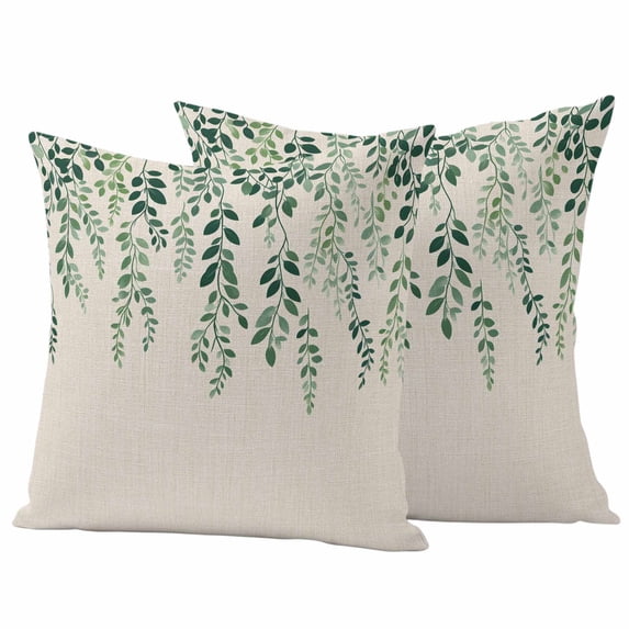 Spring Leaf Pillow Covers 2 Pack Country Watercolor Green Eucalyptus Leaves Rustic Linen Texture Pillowcase Waterproof Outdoor Throw Pillow Cover for Patio Garden Square Cushion 16”x16”
