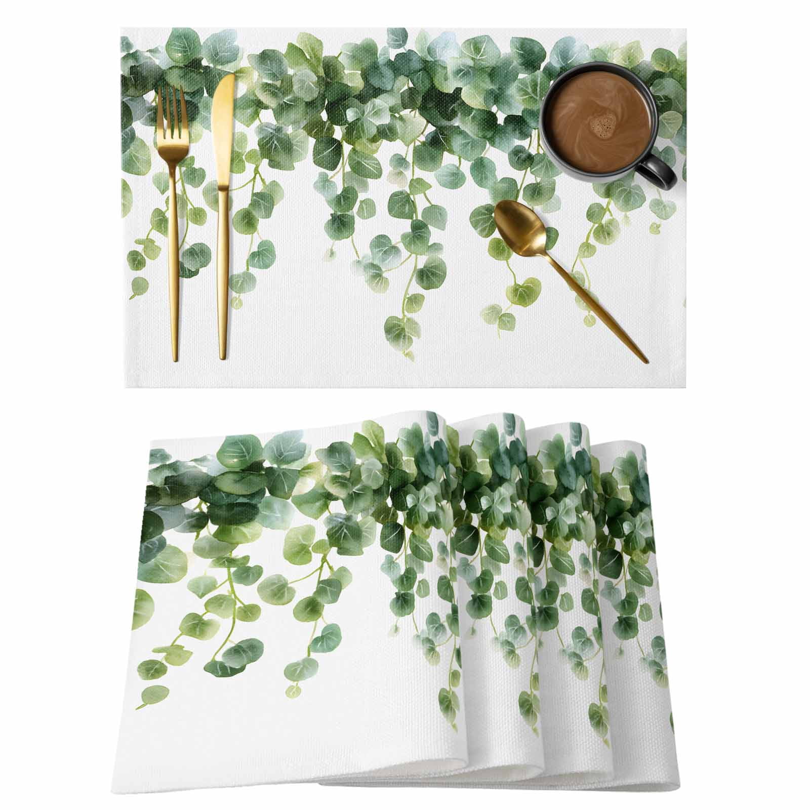 Spring Leaf Placemats Set of 2, Retro Sage Green Eucalyptus Leaves ...