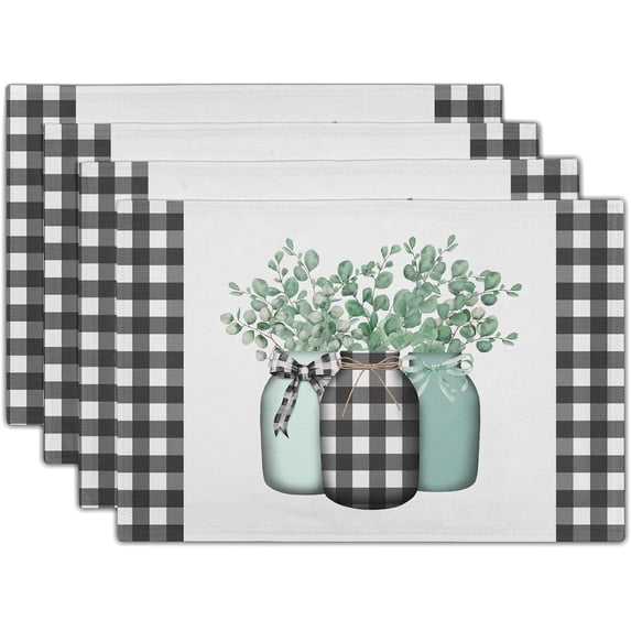 Spring Leaf Placemats Set of 4 Linen Eucalyptus Leaf Black White Buffalo Check Place Mat Washable Non-Slip Heat Resistant 12×18 Inch Thick Place Mats Decorative Fabric Table Mat for Dining Table