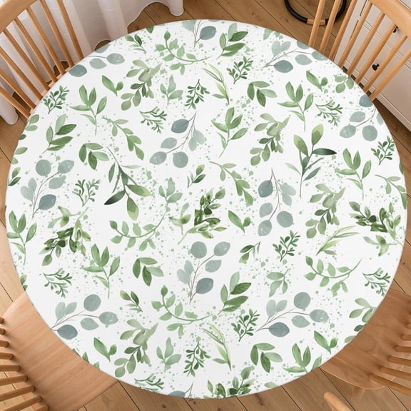 Spring Leaf Round Fitted Tablecloth with Elastic Edge Sage Green Watercolor Leaves Outdoor Table Cover for 40"-44" Rustic Stretch Table Cloth for Dining Room Party Picnic