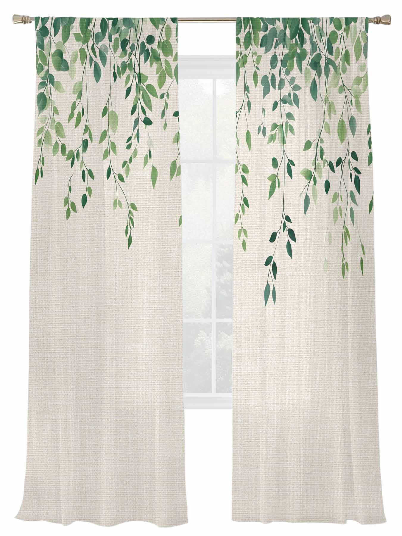 Spring Leaf Sheer Curtains 2 Panels Set Retro Watercolor Green ...