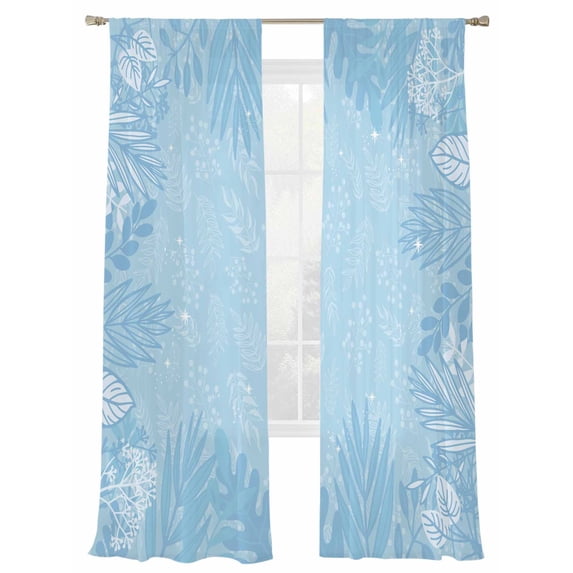 Spring Leaf Sheer Curtains 2 Panels Set Simple White Light Blue Plants Leaves Silhouette Sheer Window Curtains Light Filtering Rod Pocket Voile Drapes for Bedroom Living Room 52"X96"