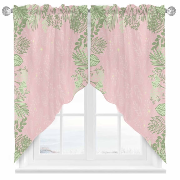 Spring Leaf Swag Kitchen Curtain Valances, Simple Sage Green Pink Plants Leaves Silhouette Rod Pocket Curtains Window Treatment Decor Valances for Bedroom Bathroom, 2 Panels 36 x 36 Inch