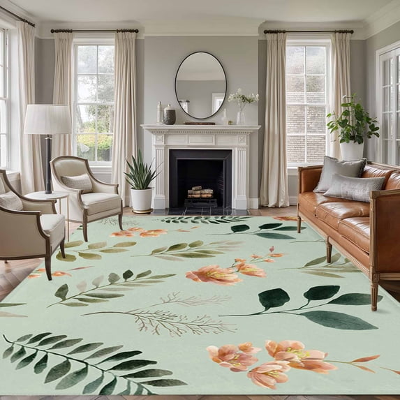 Spring Leaves 5'x8' Area Rug for Living Room, Pink Flowers Pastoral Botanical Green Washable Non-Slip Rugs for Bedroom Nursery Dining Room, StainResistant Low-Pile Kitchen Carpet Large Entryway Rugs