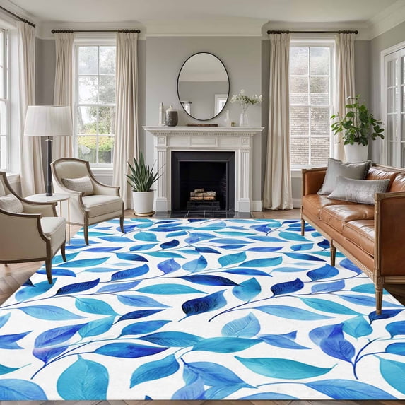 Spring Leaves Area Rugs 5'x7', Washable Small Throw Rugs for Laundry Room Playroom, Blue Plants Country Botanical Leaf Indoor Outdoor Rug Non-Slip Low Pile Carpet Runner Reversible Floor Mats