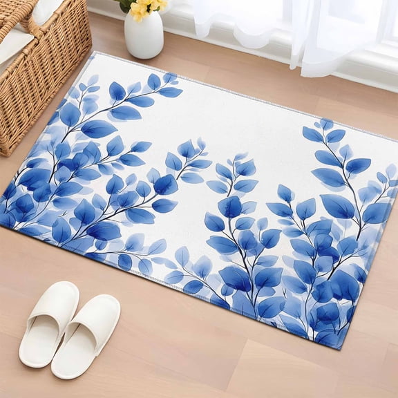 Spring Leaves Bathroom Rug Washable 2x3 Entryway Rug Non Slip Blue Leaf Watercolor Pastoral Plants Front Door Mat Low Pile Indoor Doormat Throw Floor Carpet for Kitchen Bedroom Entrance