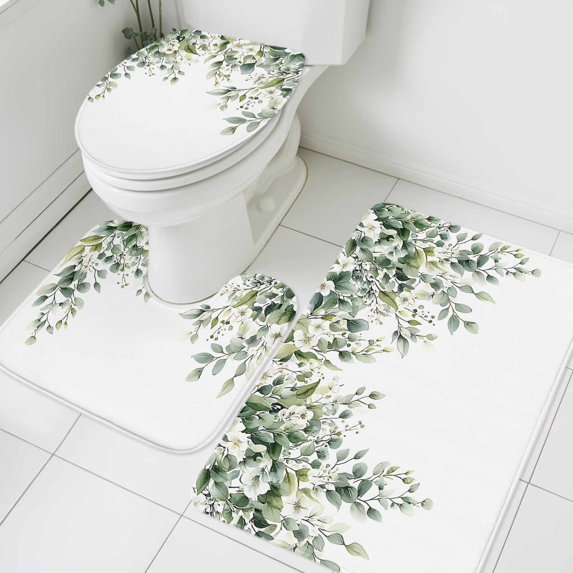 Spring Leaves Bathroom Rugs Set Watercolor Green Eucalyptus Leaf Non Slip Absorbent Soft Bath Mats 3 Piece Set with Bathroom Rug, U-Shaped Floor Mat, Toilet Seat Cover Large Size