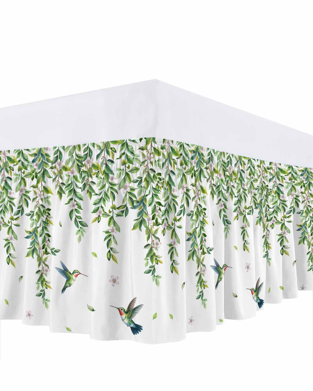 Spring Leaves Bed Skirt California King Size 18 Inch Drop, Watercolor Falling Green Leaf Floral Plant Flying Birds Adjustable Elastic Dust Ruffles Bedskirt Wrap Around Pleated Mattress Frame Cover