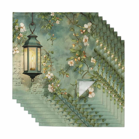 Spring Leaves Cloth Napkins, Oil Light White Flowers Country Vintage Green Washable and Reusable Dinner Napkins Set of 8, Table Napkin for Kitchen Party Birthday Wedding Hotel Housewarming 20"x20"