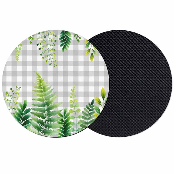 Spring Leaves Coasters Set of 2, Absorbent Coasters for Drinks, Pastoral Garden Botanical Gray Plaid Coaster for Desk Coffee Table Protection, Home Decor House Warming Gifts 4"