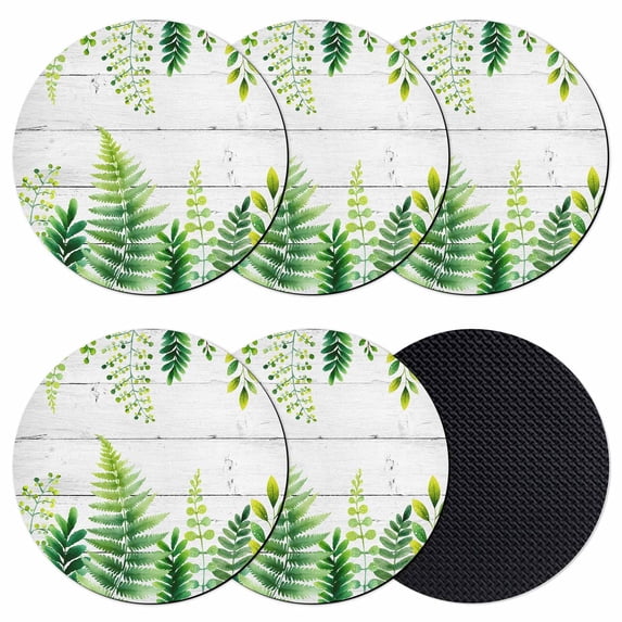 Spring Leaves Coasters Set of 6, Absorbent Coasters for Drinks, Pastoral Garden Botanical Gray Wooden Coaster for Desk Coffee Table Protection, Home Decor House Warming Gifts 4"