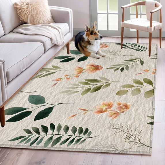 Spring Leaves Flowers Area Rugs 3'x5', Small Throw Rugs for Living Room Bedroom, Country Flower Pastoral Botanical Retro Indoor Outdoor Rug Non-Slip Low Pile Carpet Runner Reversible Floor Mats