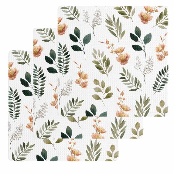 Spring Leaves Flowers Kitchen Dish Towels for Drying Dishes Set of 3, Rustic Flower Pastoral Botanical Waffle Weave Microfiber Hand Tea Bathroom Towels Quick Dry & Absorbent Towel 12x12