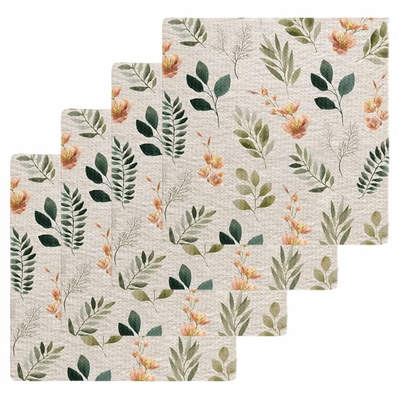 Spring Leaves Flowers Kitchen Dish Towels for Drying Dishes Set of 4, Country Flower Pastoral Botanical Retro Waffle Weave Microfiber Hand Tea Bathroom Towels Quick Dry & Absorbent Towel 12x12