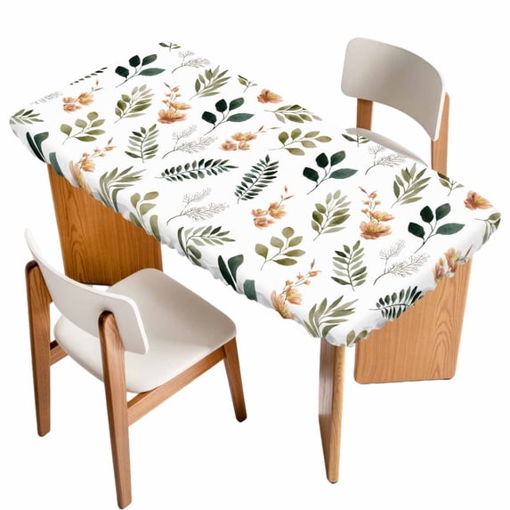Spring Leaves Flowers Table Cloths for 4 Foot Rectangle Tables, Rustic Flower Pastoral Botanical Patio Waterproof Elastic Fitted Tablecloths, Washable Rectangular Table Cover for Camping