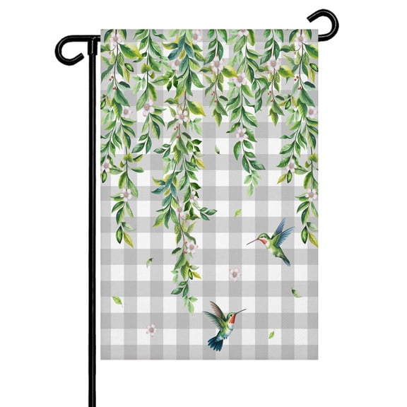 Spring Leaves Garden Flag 12x18 Inch Watercolor Falling Green Leaf Floral Plant Birds Grey Plaid Double Sided Small Decorative Garden Flags for Outside, Outdoor Yard Porch Lawn Decoration