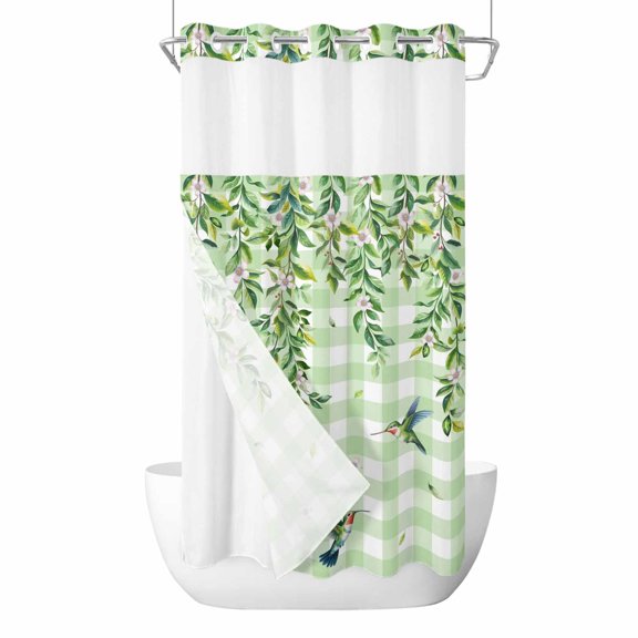 Spring Leaves No Hooks Shower Curtain with Snap-in Liner Watercolor Falling Green Leaf Floral Plant Birds Green Plaid Shower Curtains for Bathroom, Waterproof, Easy Install, Washable 36"x72"