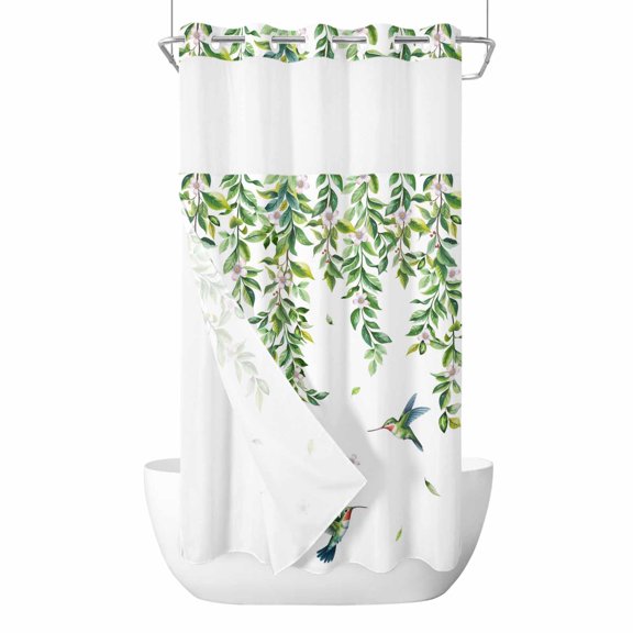 Spring Leaves No Hooks Shower Curtain with Snap-in Liner Watercolor Falling Green Leaf Floral Plant Flying Birds Shower Curtains for Bathroom, Waterproof, Easy Install, Washable 36"x72"