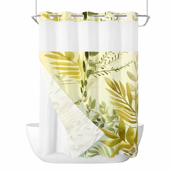 Spring Leaves No Hooks Shower Curtain with Snap-in Liner Watercolor Yellow Green Leaf Plant Branch Shower Curtains for Bathroom, Waterproof, Easy Install, Washable 72"x96"