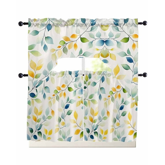 Spring Leaves Kitchen Curtains Sets 24 Inch Length with Valance, Colorful Botanical Eucalyptus Vines Plants Swag Valances and Tiers Curtain Set Drapes Swag Curtains for Living Room, Bathroom, Bedroom
