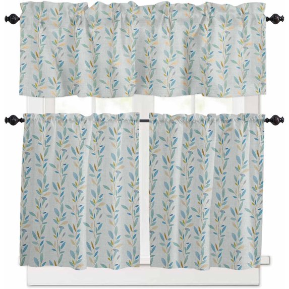 Spring Leaves Kitchen Curtains and Valances Set, Rod Pocket Curtains Tier Farmhouse Window Curtains 24 Inch Length, Watercolor Blue Branch Botanical 3 Piece Kitchen Curtains Set