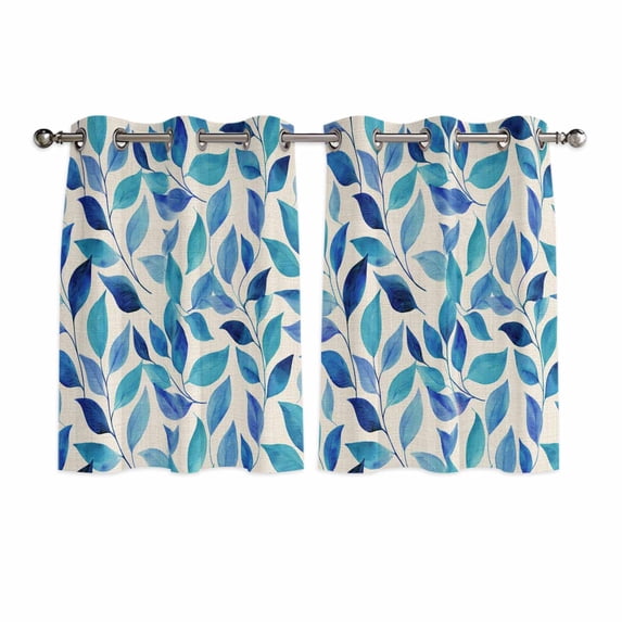 Spring Leaves Kitchen Curtains Window Panels, Blue Plants Country Botanical Leaf Beige Insulated Window Treatment Curtain, Grommet Curtains for Bedroom/Living Room/Bathroom, 2 Piece 42"Wx45"L