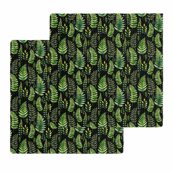 Spring Leaves Kitchen Dish Towels for Drying Dishes Set of 2, Pastoral Garden Botanical Black Waffle Weave Microfiber Hand Tea Bathroom Towels Quick Dry & Absorbent Towel 12x12