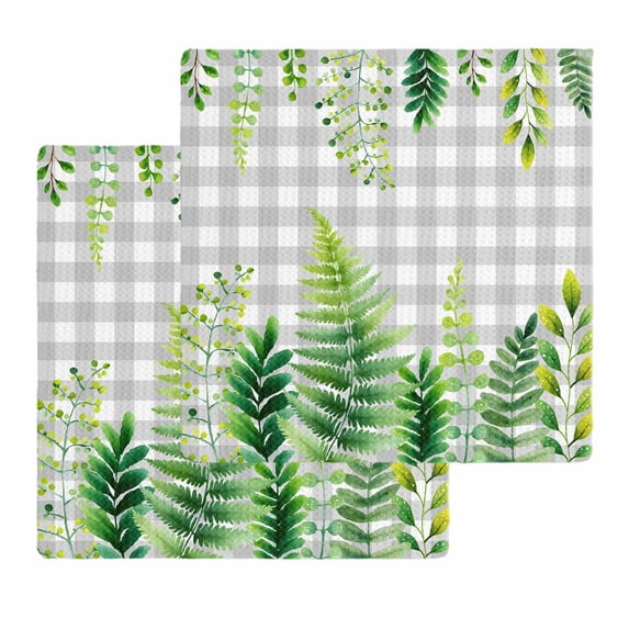 Spring Leaves Kitchen Dish Towels for Drying Dishes Set of 2, Pastoral Garden Botanical Gray Plaid Waffle Weave Microfiber Hand Tea Bathroom Towels Quick Dry & Absorbent Towel 12x12