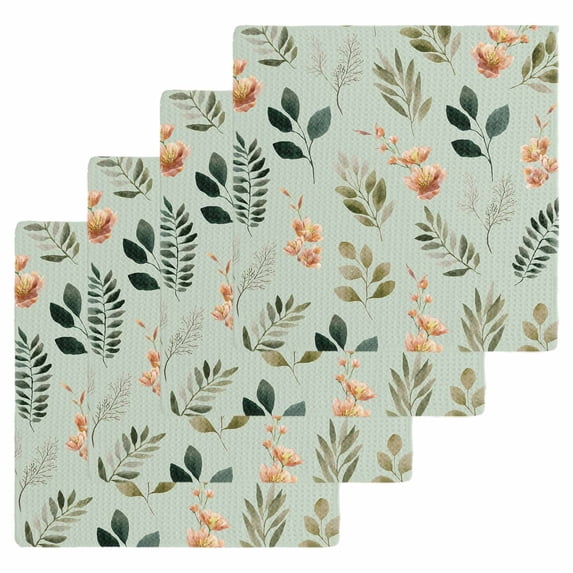 Spring Leaves Kitchen Dish Towels for Drying Dishes Set of 4, Pink Flowers Pastoral Botanical Green Waffle Weave Microfiber Hand Tea Bathroom Towels Quick Dry & Absorbent Towel 12x12