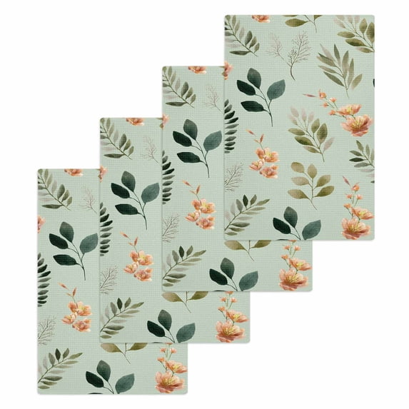 Spring Leaves Kitchen Dish Towels for Drying Dishes Set of 4, Pink Flowers Pastoral Botanical Green Waffle Weave Microfiber Hand Tea Bathroom Towels Quick Dry & Absorbent Towel 15.7x23.6