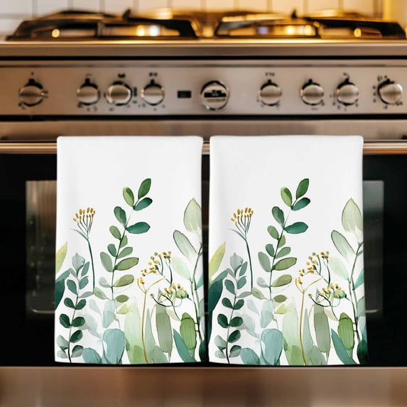 Spring Leaves Kitchen Towels Set of 4, Green Botanical Country Pastoral Plants Absorbent Dish Towels for Kitchen, Microfiber Hand Towel, Quick Drying Tea Towel for Cleaning Decorative Dishcloths